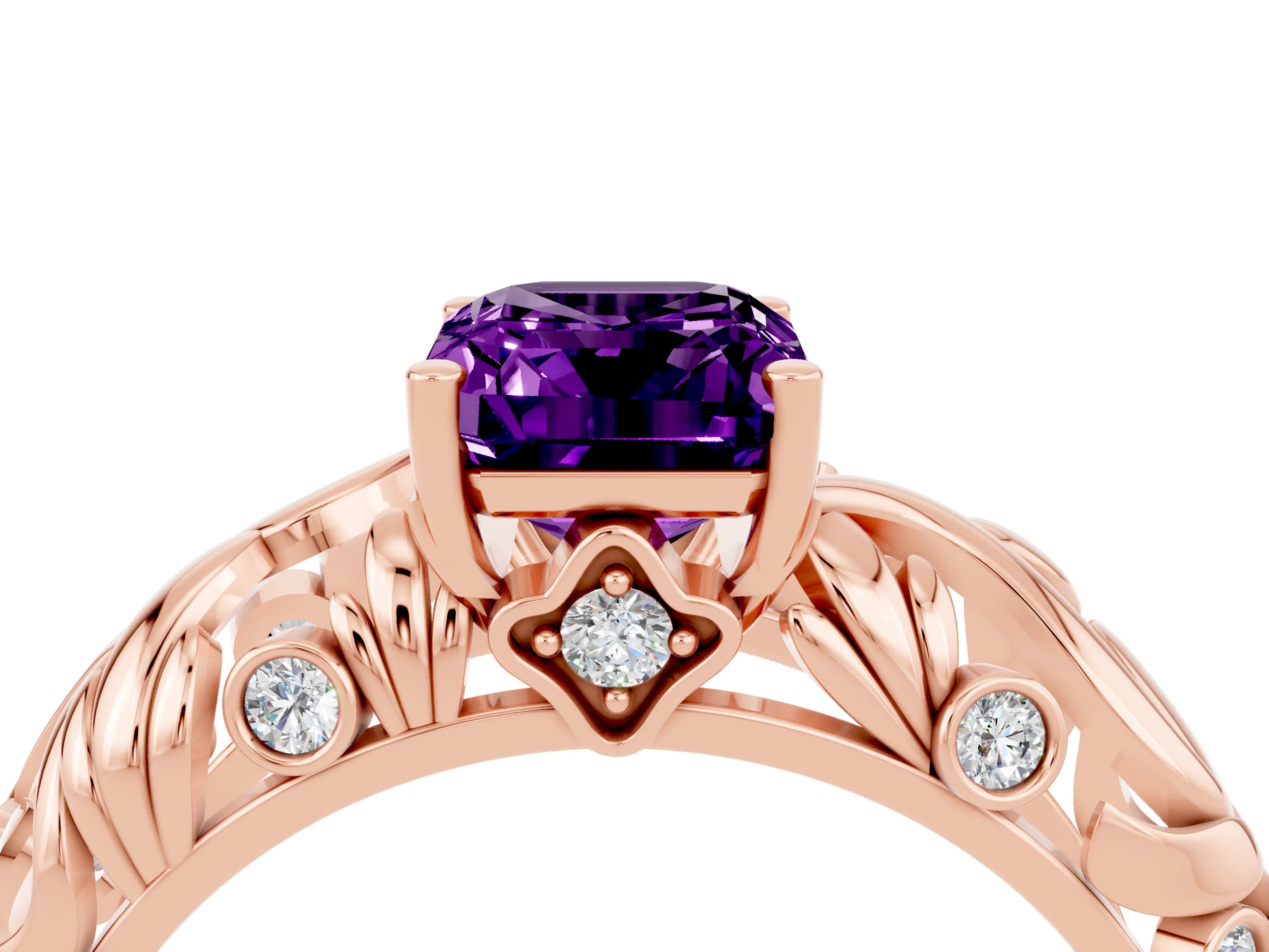 Rose gold Emerald Cut Solitaire Amethyst Leaf-Inspired Vine Band Ring with Prong Setting_4