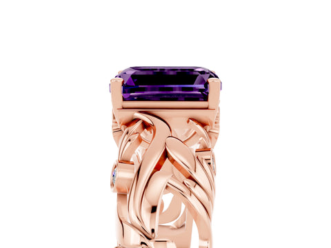 Rose gold Emerald Cut Solitaire Amethyst Leaf-Inspired Vine Band Ring with Prong Setting_5