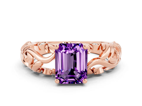 Rose gold Emerald Cut Solitaire Amethyst Leaf-Inspired Vine Band Ring with Prong Setting
