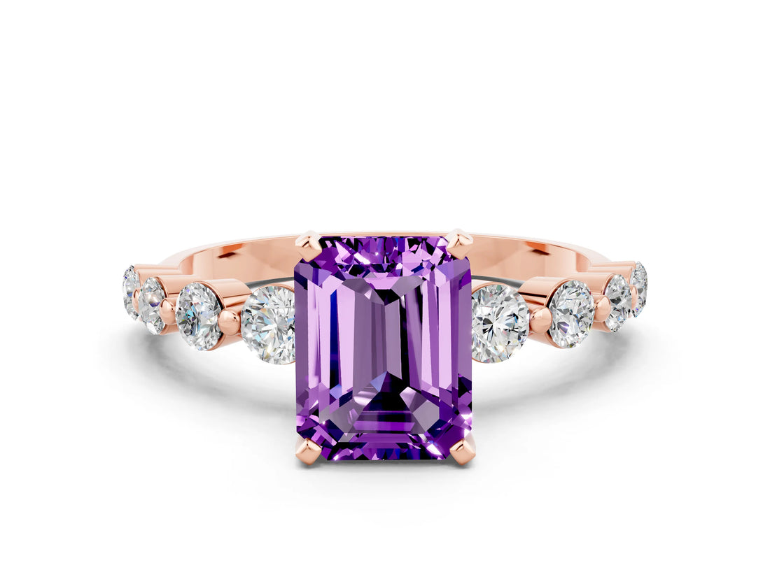 Rose gold Emerald Cut Solitaire Amethyst Ring with Pave Band and Four-Prong Setting
