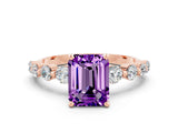 Rose gold Emerald Cut Solitaire Amethyst Ring with Pave Band and Four-Prong Setting