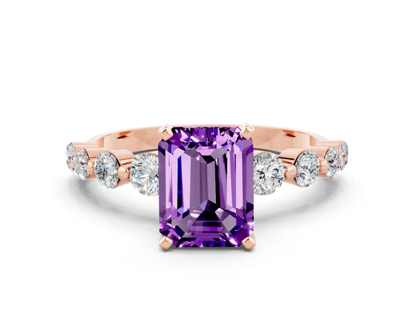 Rose gold Emerald Cut Solitaire Amethyst Ring with Pave Band and Four-Prong Setting