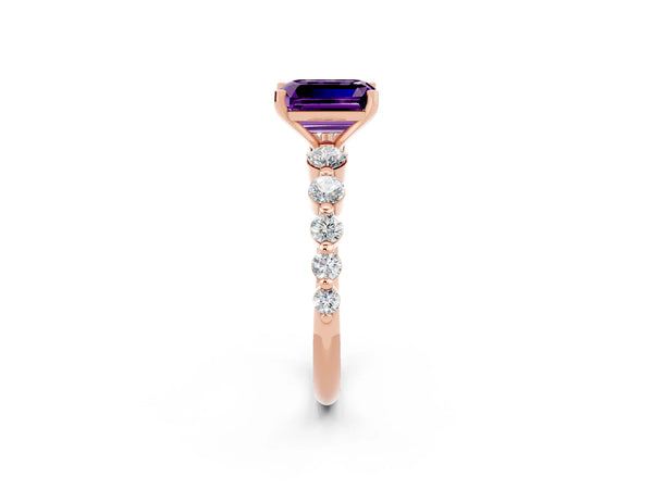 Rose gold Emerald Cut Solitaire Amethyst Ring with Pave Band and Four-Prong Setting
