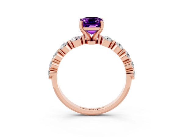 Rose gold Emerald Cut Solitaire Amethyst Ring with Pave Band and Four-Prong Setting