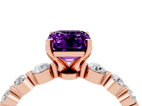 Rose gold Emerald Cut Solitaire Amethyst Ring with Pave Band and Four-Prong Setting_4