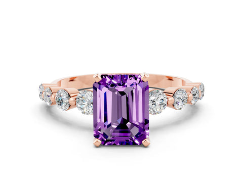Rose gold Emerald Cut Solitaire Amethyst Ring with Pave Band and Four-Prong Setting