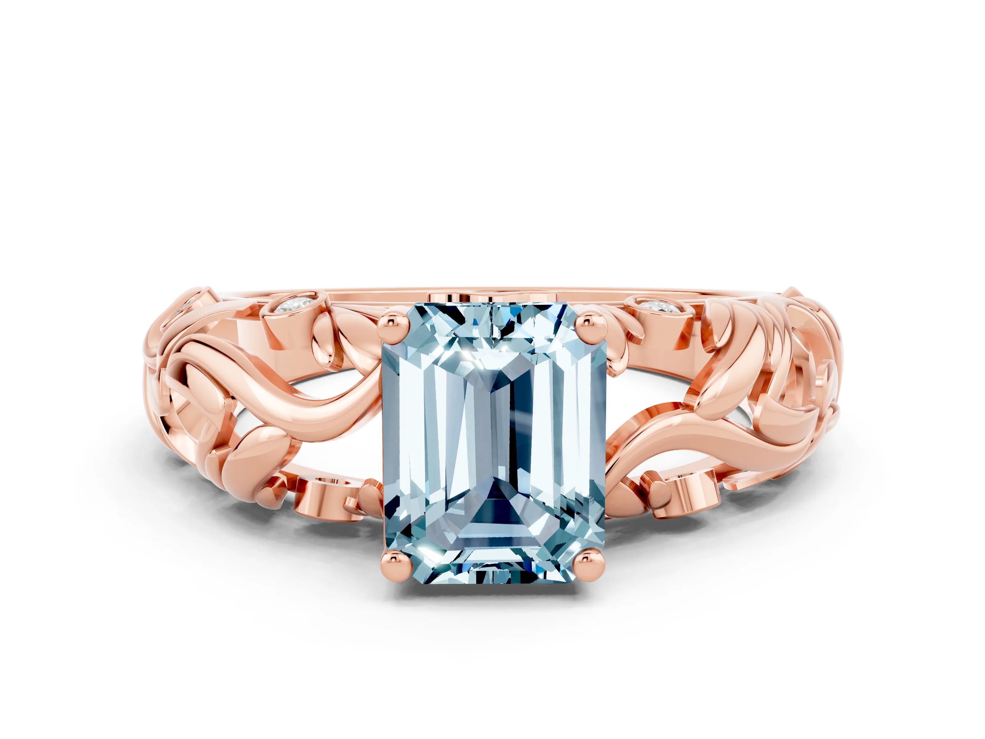 Rose gold Emerald Cut Solitaire Aquamarine Leaf-Inspired Vine Band Ring with Prong Setting