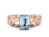 Rose gold Emerald Cut Solitaire Aquamarine Leaf-Inspired Vine Band Ring with Prong Setting