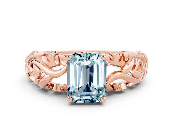 Rose gold Emerald Cut Solitaire Aquamarine Leaf-Inspired Vine Band Ring with Prong Setting