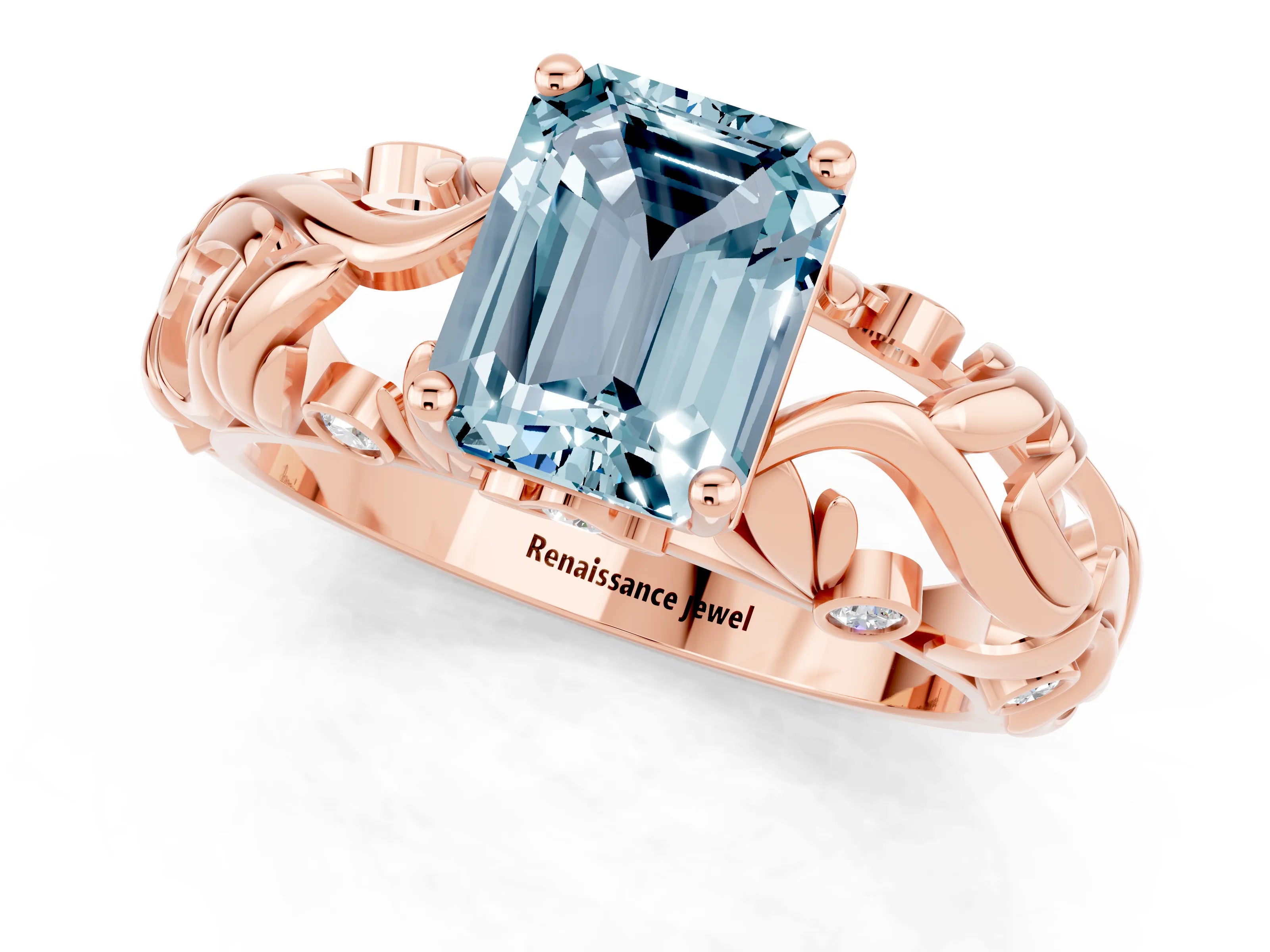 Rose gold Emerald Cut Solitaire Aquamarine Leaf-Inspired Vine Band Ring with Prong Setting_1