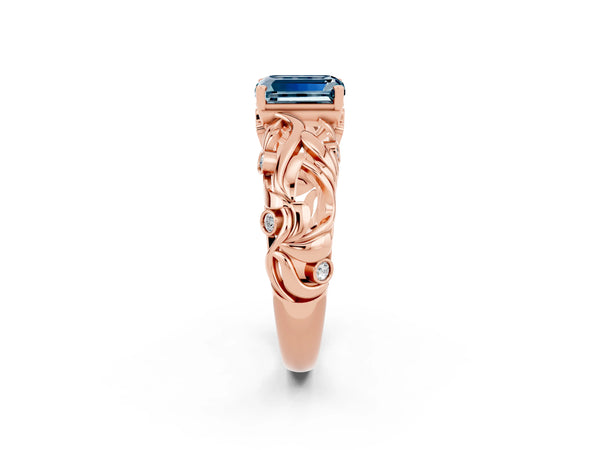 Rose gold Emerald Cut Solitaire Aquamarine Leaf-Inspired Vine Band Ring with Prong Setting