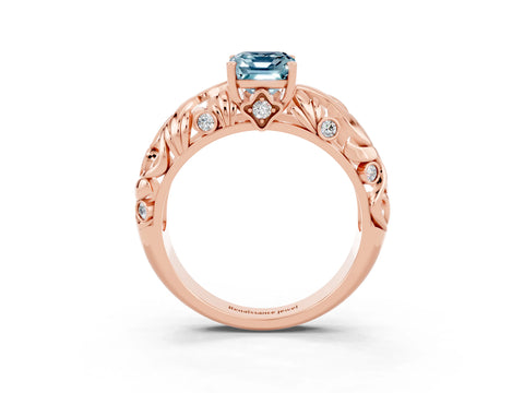 Rose gold Emerald Cut Solitaire Aquamarine Leaf-Inspired Vine Band Ring with Prong Setting_3