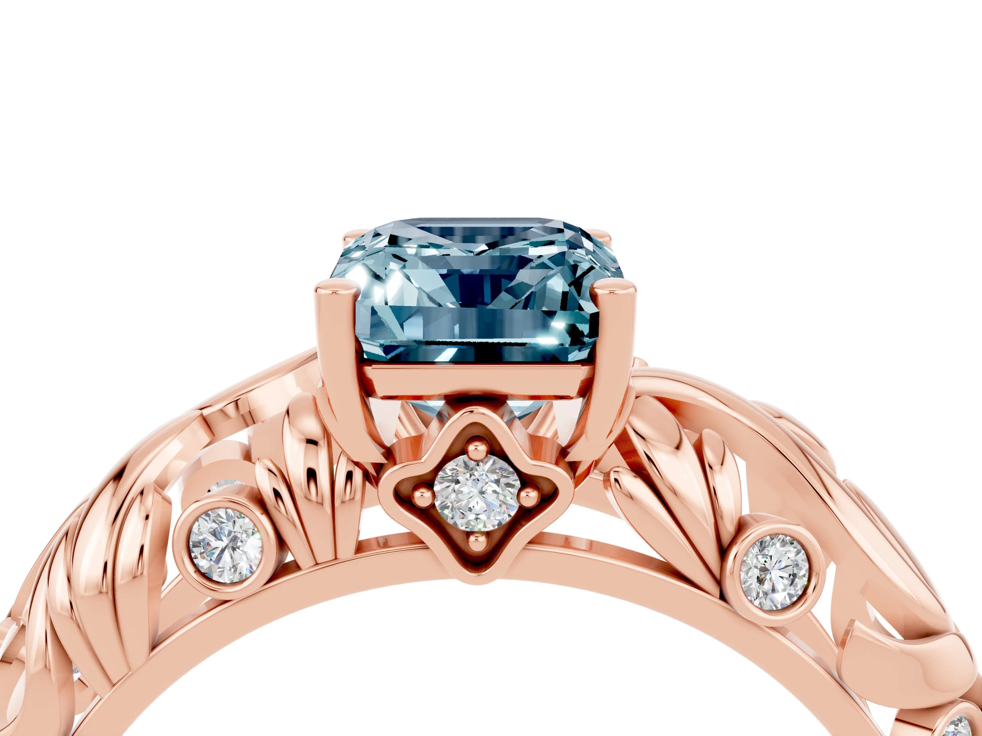Rose gold Emerald Cut Solitaire Aquamarine Leaf-Inspired Vine Band Ring with Prong Setting_4