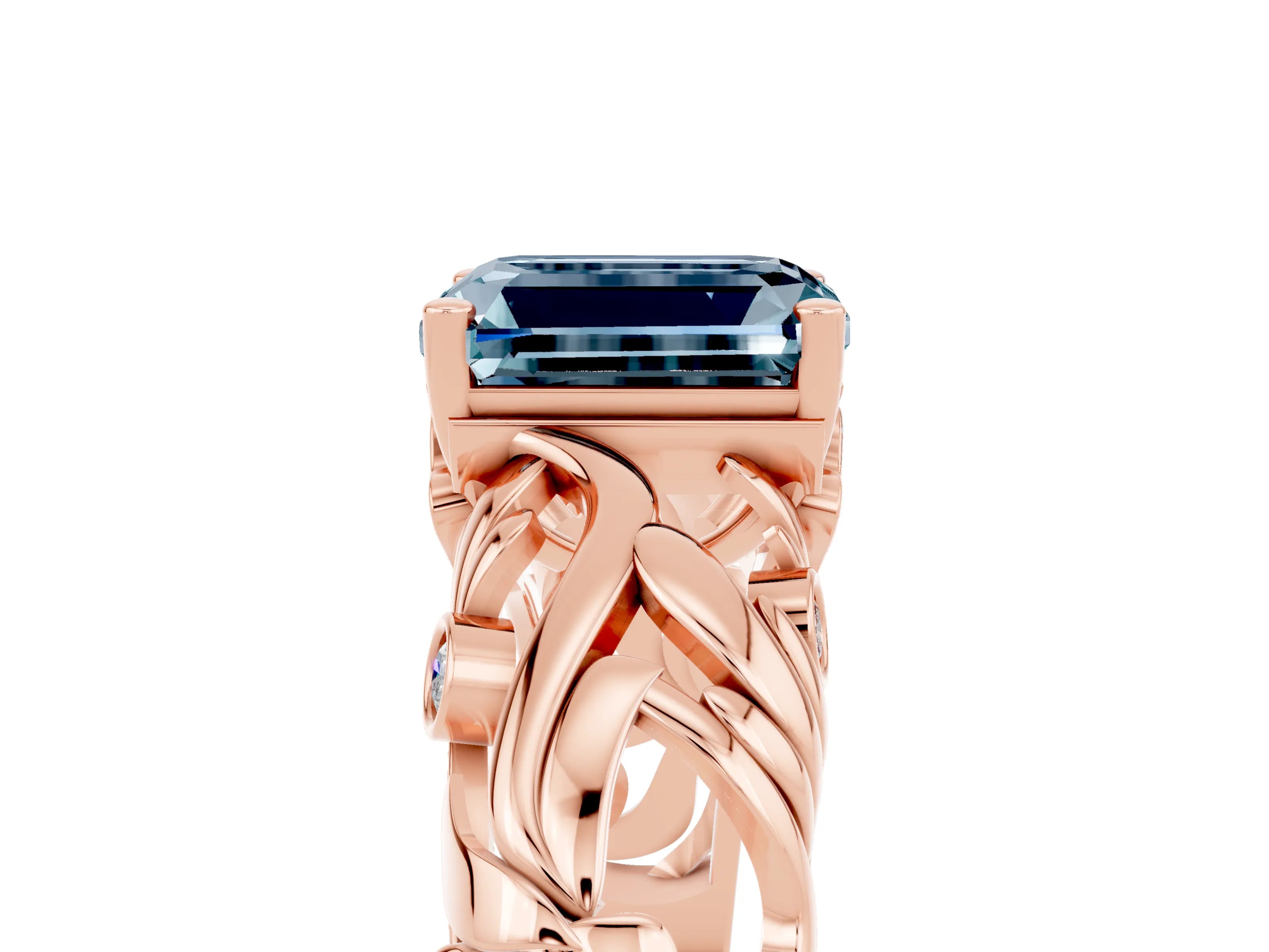 Rose gold Emerald Cut Solitaire Aquamarine Leaf-Inspired Vine Band Ring with Prong Setting_5