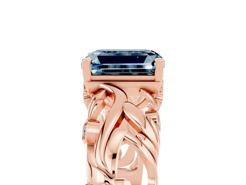 Rose gold Emerald Cut Solitaire Aquamarine Leaf-Inspired Vine Band Ring with Prong Setting_5