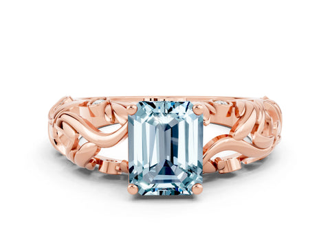 Rose gold Emerald Cut Solitaire Aquamarine Leaf-Inspired Vine Band Ring with Prong Setting