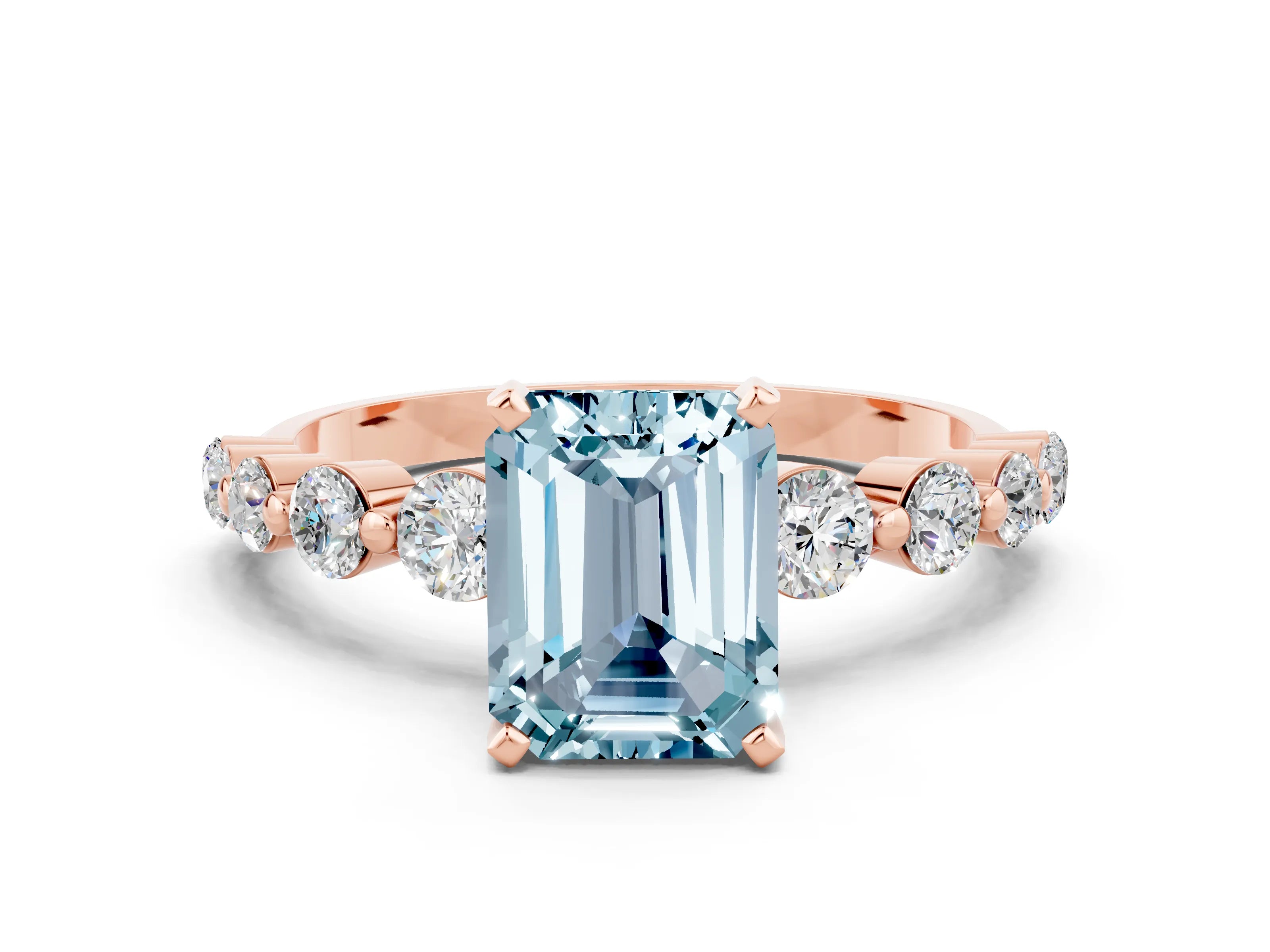 Rose gold Emerald Cut Solitaire Aquamarine Ring with Pave Band and Four-Prong Setting
