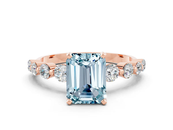 Rose gold Emerald Cut Solitaire Aquamarine Ring with Pave Band and Four-Prong Setting