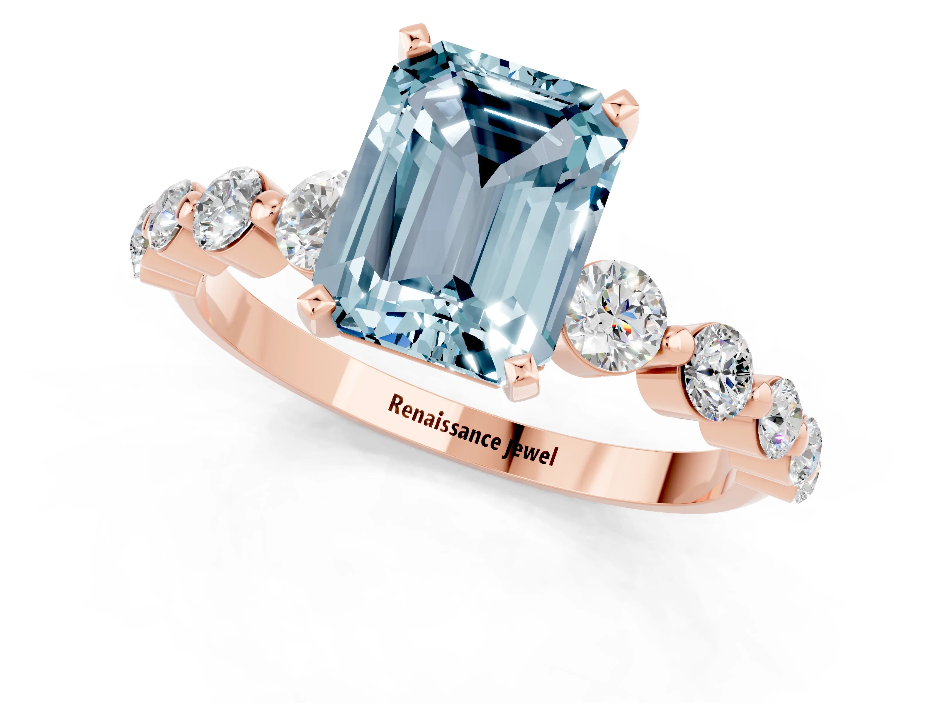 Rose gold Emerald Cut Solitaire Aquamarine Ring with Pave Band and Four-Prong Setting_1
