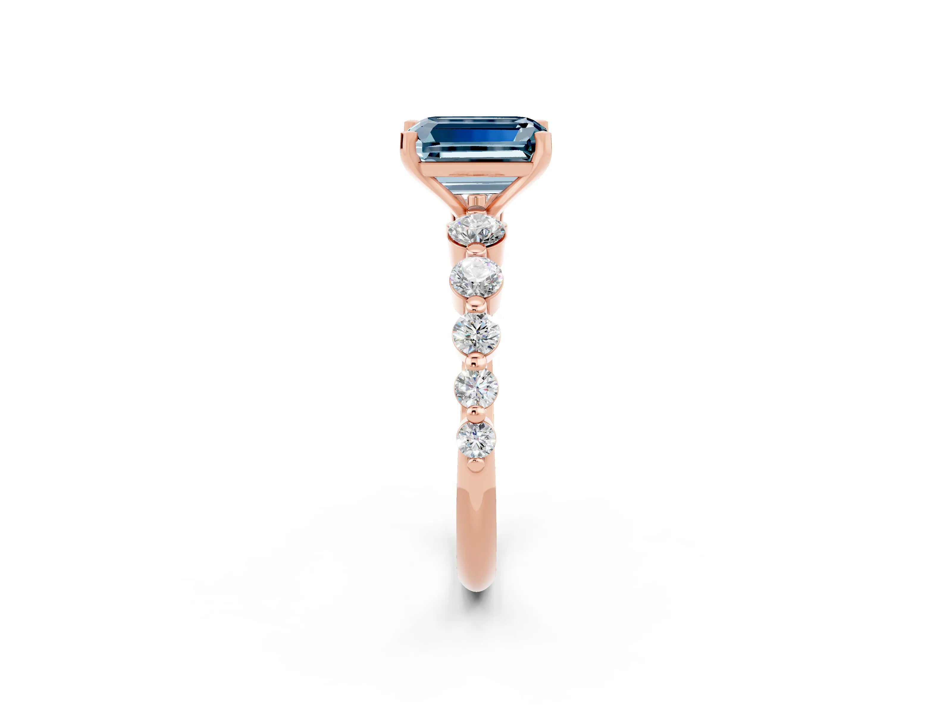 Rose gold Emerald Cut Solitaire Aquamarine Ring with Pave Band and Four-Prong Setting_2