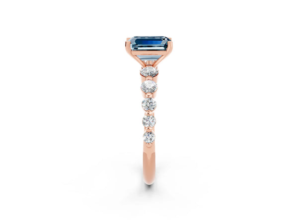 Rose gold Emerald Cut Solitaire Aquamarine Ring with Pave Band and Four-Prong Setting