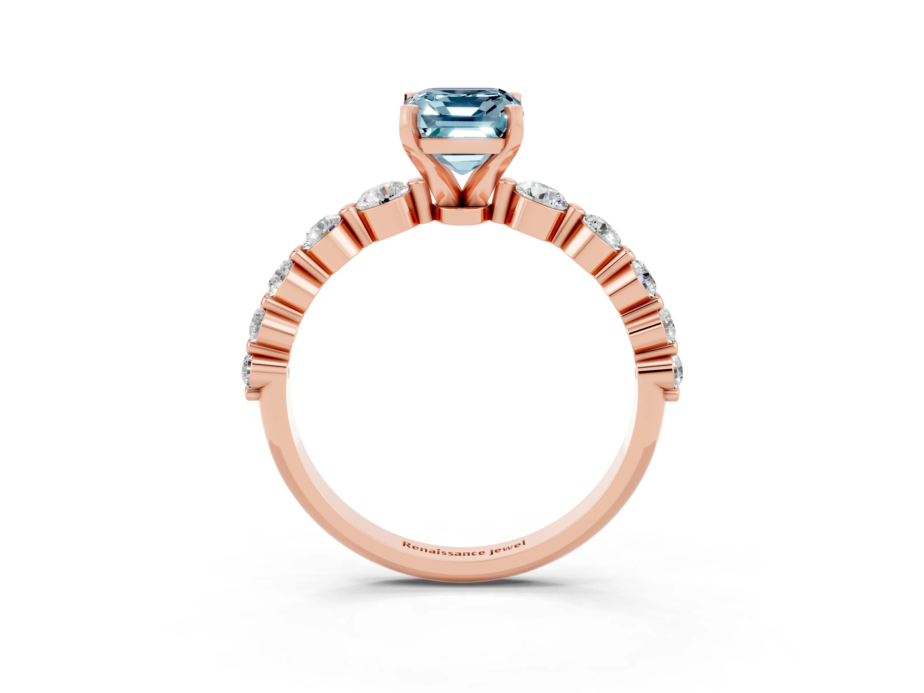 Rose gold Emerald Cut Solitaire Aquamarine Ring with Pave Band and Four-Prong Setting_3