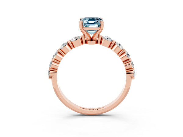 Rose gold Emerald Cut Solitaire Aquamarine Ring with Pave Band and Four-Prong Setting