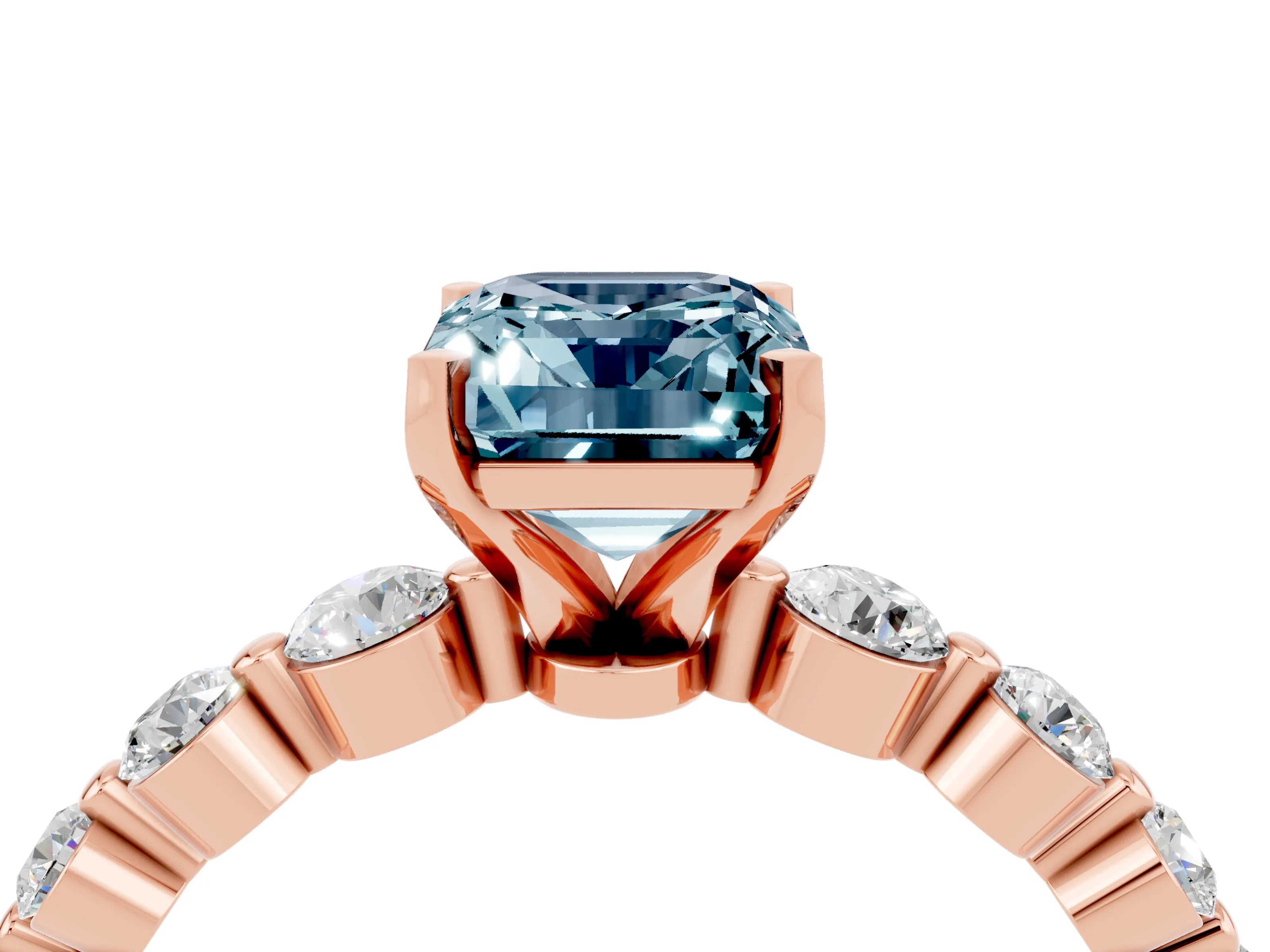 Rose gold Emerald Cut Solitaire Aquamarine Ring with Pave Band and Four-Prong Setting_4
