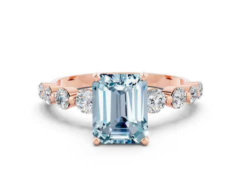 Rose gold Emerald Cut Solitaire Aquamarine Ring with Pave Band and Four-Prong Setting