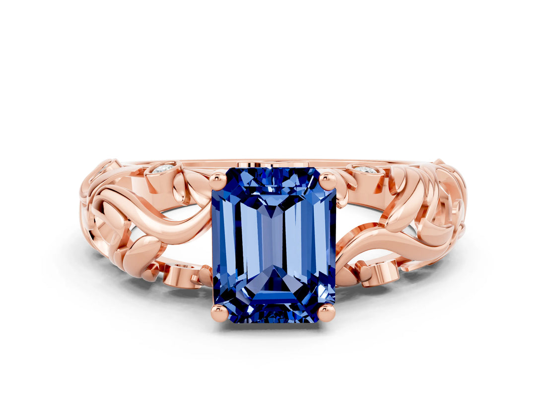 Rose gold Emerald Cut Solitaire Blue Sapphire Leaf-Inspired Vine Band Ring with Prong Setting