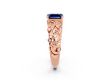 Rose gold Emerald Cut Solitaire Blue Sapphire Leaf-Inspired Vine Band Ring with Prong Setting_2