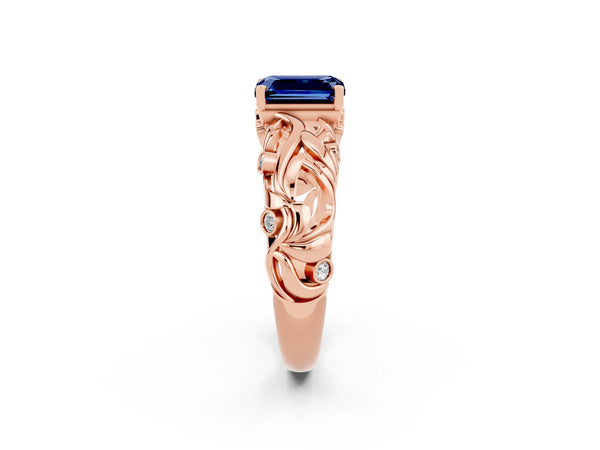 Rose gold Emerald Cut Solitaire Blue Sapphire Leaf-Inspired Vine Band Ring with Prong Setting