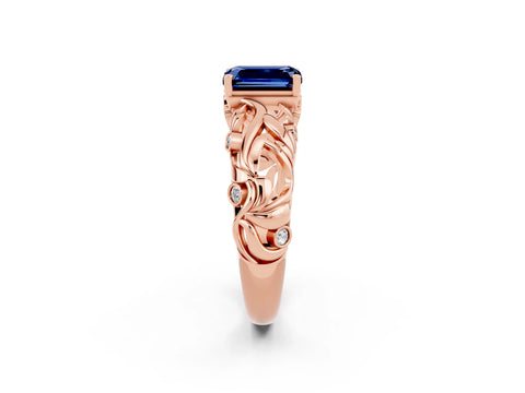 Rose gold Emerald Cut Solitaire Blue Sapphire Leaf-Inspired Vine Band Ring with Prong Setting_2