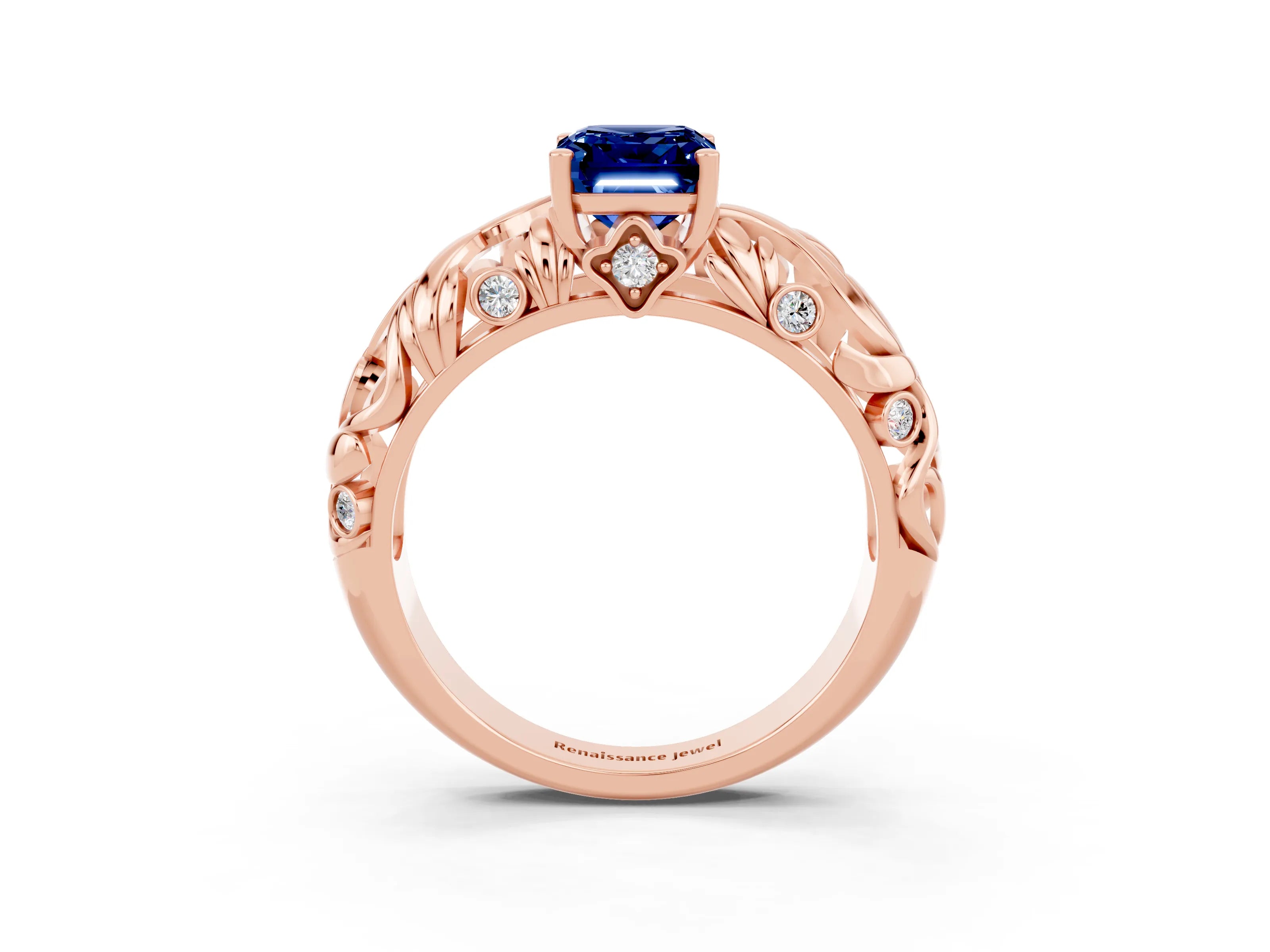 Rose gold Emerald Cut Solitaire Blue Sapphire Leaf-Inspired Vine Band Ring with Prong Setting_3