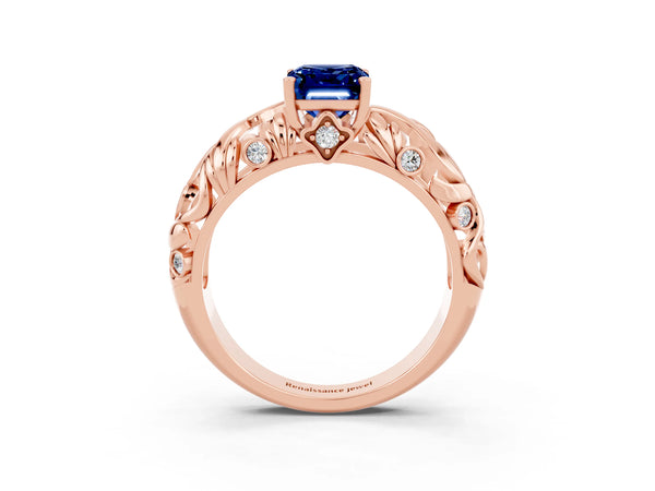 Rose gold Emerald Cut Solitaire Blue Sapphire Leaf-Inspired Vine Band Ring with Prong Setting