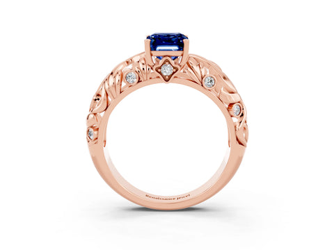 Rose gold Emerald Cut Solitaire Blue Sapphire Leaf-Inspired Vine Band Ring with Prong Setting_3