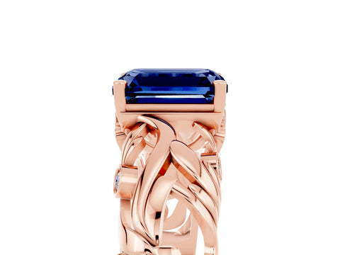 Rose gold Emerald Cut Solitaire Blue Sapphire Leaf-Inspired Vine Band Ring with Prong Setting_5