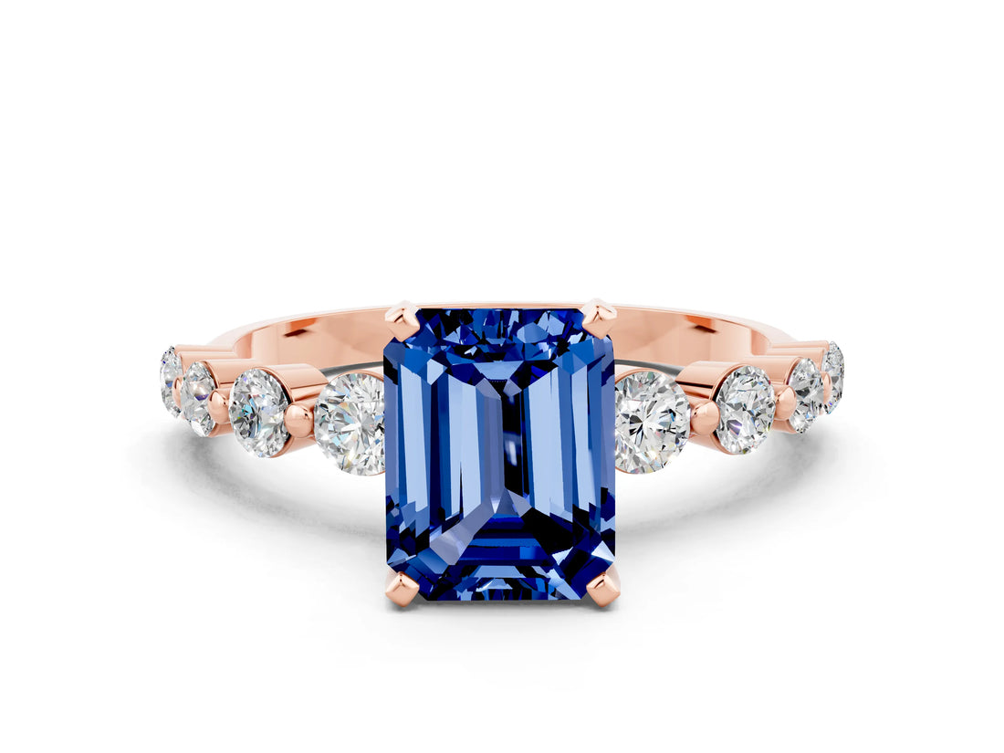 Rose gold Emerald Cut Solitaire Blue Sapphire Ring with Pave Band and Four-Prong Setting