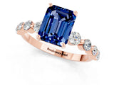 Rose gold Emerald Cut Solitaire Blue Sapphire Ring with Pave Band and Four-Prong Setting_1
