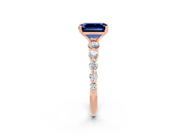 Rose gold Emerald Cut Solitaire Blue Sapphire Ring with Pave Band and Four-Prong Setting