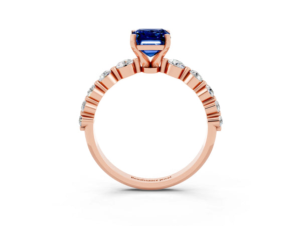 Rose gold Emerald Cut Solitaire Blue Sapphire Ring with Pave Band and Four-Prong Setting