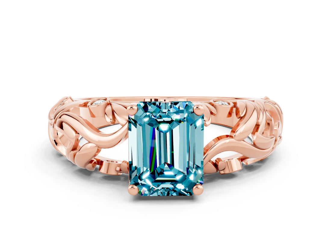 Rose gold Emerald Cut Solitaire Blue Topaz Leaf-Inspired Vine Band Ring with Prong Setting