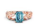 Rose gold Emerald Cut Solitaire Blue Topaz Leaf-Inspired Vine Band Ring with Prong Setting