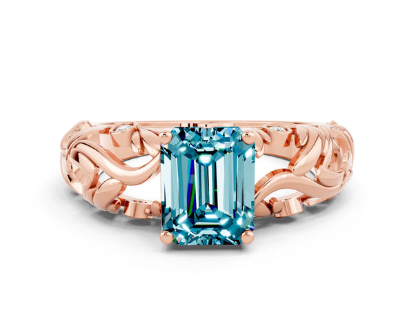 Rose gold Emerald Cut Solitaire Blue Topaz Leaf-Inspired Vine Band Ring with Prong Setting