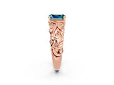 Rose gold Emerald Cut Solitaire Blue Topaz Leaf-Inspired Vine Band Ring with Prong Setting_2