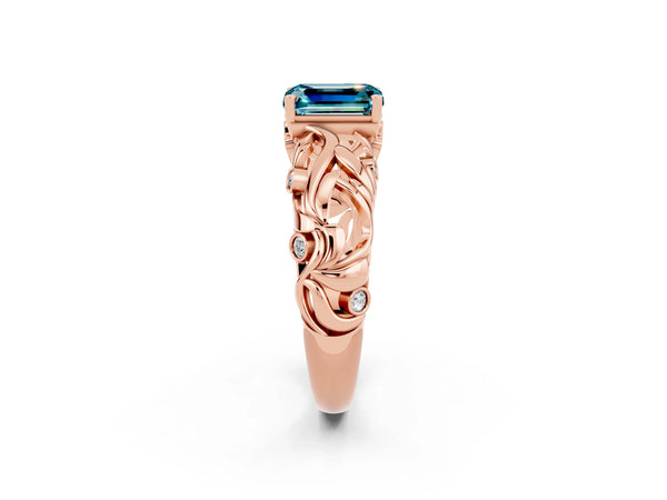 Rose gold Emerald Cut Solitaire Blue Topaz Leaf-Inspired Vine Band Ring with Prong Setting