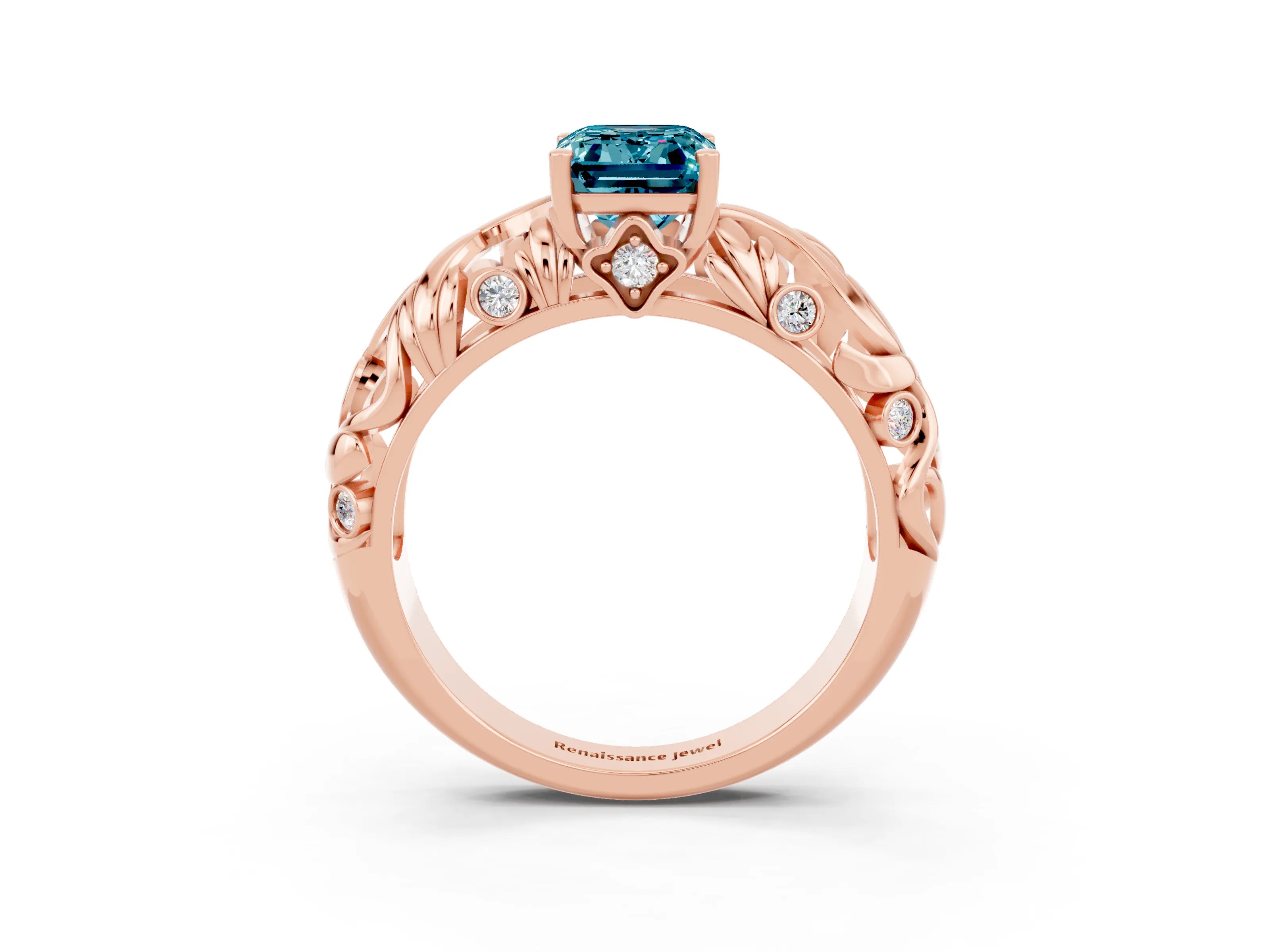 Rose gold Emerald Cut Solitaire Blue Topaz Leaf-Inspired Vine Band Ring with Prong Setting_3