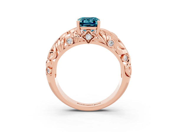 Rose gold Emerald Cut Solitaire Blue Topaz Leaf-Inspired Vine Band Ring with Prong Setting