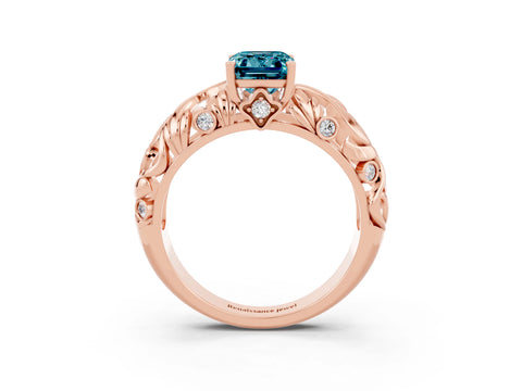 Rose gold Emerald Cut Solitaire Blue Topaz Leaf-Inspired Vine Band Ring with Prong Setting_3