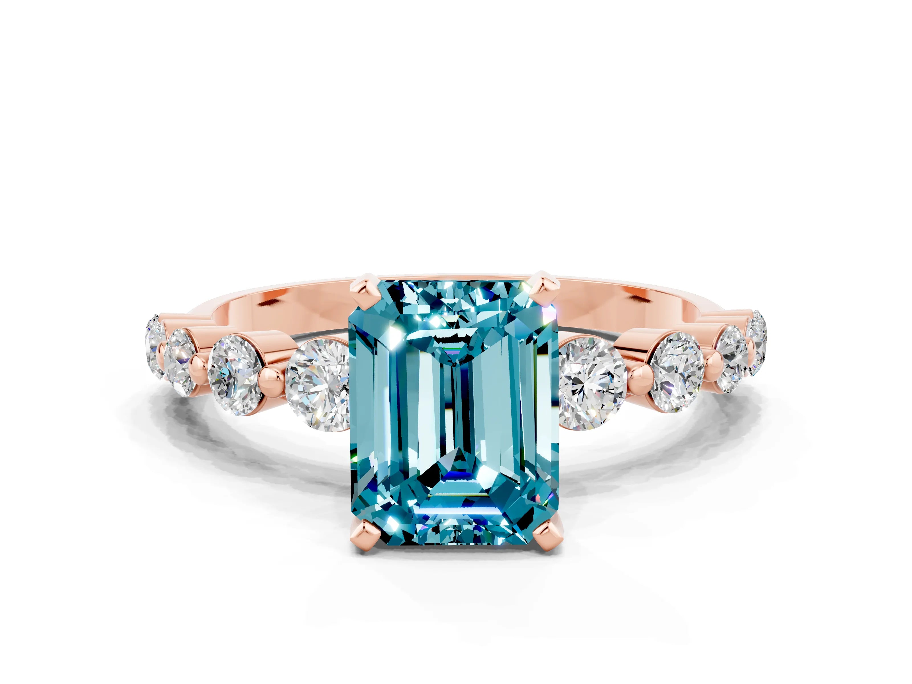 Rose gold Emerald Cut Solitaire Blue Topaz Ring with Pave Band and Four-Prong Setting